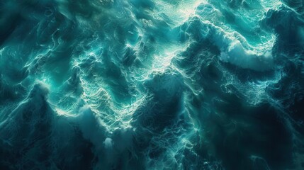 Surreal ocean from above islands floating in the sky glowing water waves breaking in patterns,