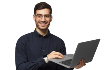 Young confident business man in deep blue shirt holding laptop and smiling at camera, isolated on gray background