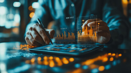 Businessman reviewing sales data and financial reports on a tablet, including business growth charts, digital marketing planning, and finance strategy
