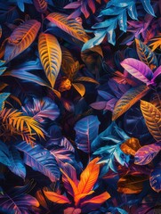 Trippy jungle from a bird's-eye view glowing foliage vibrant patterns swirling colors surreal ambiance,