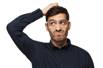 Young man wearing glasses scratching his head trying to find solution