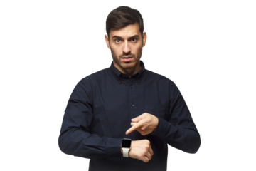 You are late! Young emloyer pointing at watch with impatience as if asking worker to hurry up