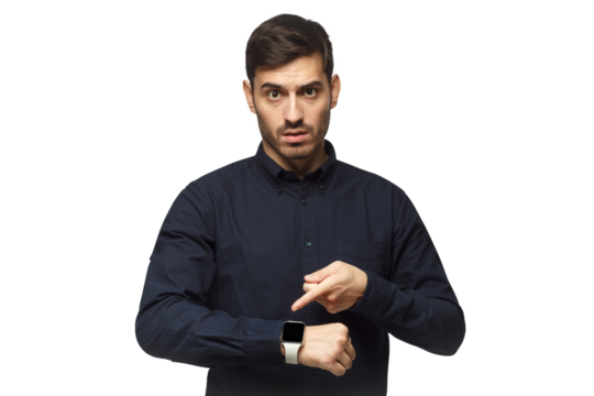 You are late! Young emloyer pointing at watch with impatience as if asking worker to hurry up - Powered by Adobe