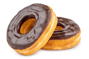 Donut or Doughnut. Two Donuts or Doughnuts with chocolate brown glazed cream or icing without sprinkles. Dessert on birthday, holiday party. Advertising coffee shop, bakery, cafe. American style Donut