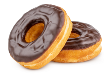 Donut or Doughnut. Two Donuts or Doughnuts with chocolate brown glazed cream or icing without sprinkles. Dessert on birthday, holiday party. Advertising coffee shop, bakery, cafe. American style Donut