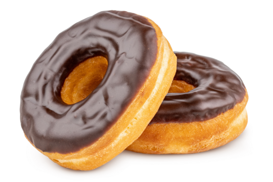 Donut or Doughnut. Two Donuts or Doughnuts with chocolate brown glazed cream or icing without sprinkles. Dessert on birthday, holiday party. Advertising coffee shop, bakery, cafe. American style Donut