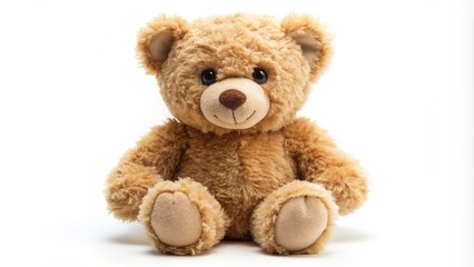 Obraz premium Adorable plush teddy bear with soft, cuddly fur and sweet facial expression sits alone on a white background, exuding warmth and innocence.