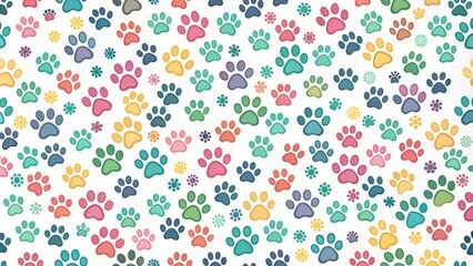 Adorable seamless pattern of cute animal paw prints in various sizes and directions on a white background, perfect for pet-themed designs and textures.