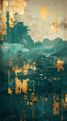 gold and green architectural landscape illustration poster background
