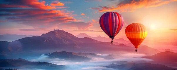 Fototapeta premium Two Hot Air Balloons Soaring Over Misty Mountains at Sunset