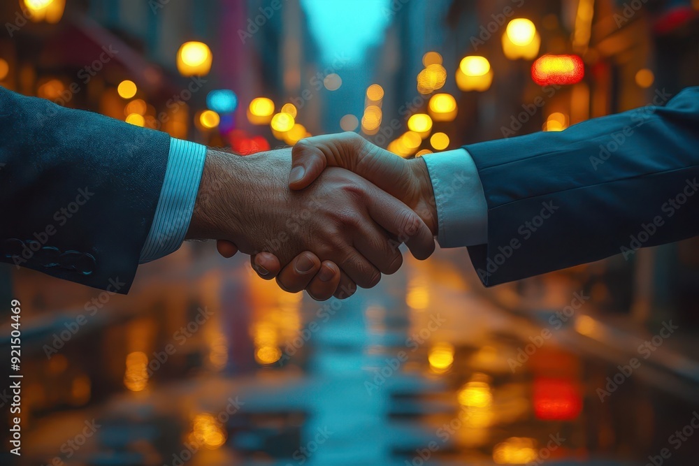 Wall mural powerful business handshake captured in dramatic lighting strong grip between diverse professionals 