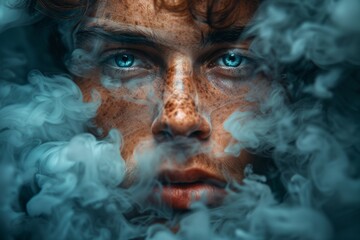 Intense Portrait of Young Person Surrounded by Wispy Smoke in a Dimly Lit Space
