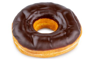 Donuts or Doughnuts. One Donut or Doughnut with chocolate brown glazed cream or icing without sprinkles. Dessert on birthday, holiday party. Advertising coffee shop, bakery, cafe. American style Donut