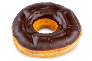 Donuts or Doughnuts. One Donut or Doughnut with chocolate brown glazed cream or icing without sprinkles. Dessert on birthday, holiday party. Advertising coffee shop, bakery, cafe. American style Donut