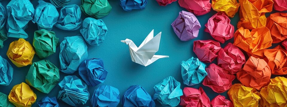 White origami dove among colorful crumpled paper Balls, Dare to be different, Freedom concept