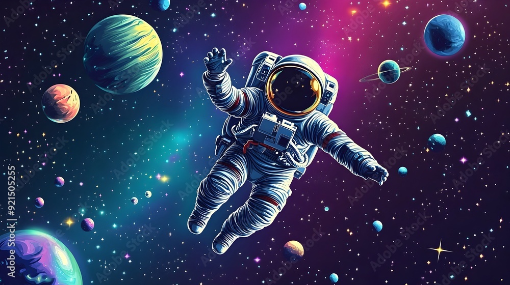 Aufkleber astronaut floating in enchanting cosmic landscape with planets and stars