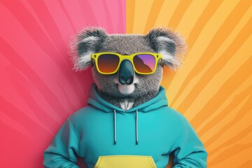 A koala wearing a neon-colored hoodie and funky sunglasses set against a bright and abstract pop art background