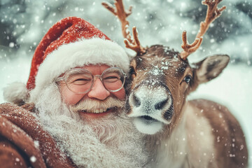 Santa Claus and Reindeer Enjoying a Snowy Day Together