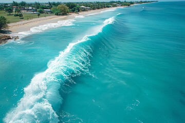 Majestic Ocean Waves Crashing on Sandy Shoreline During Sunny Day in Tropical Paradise