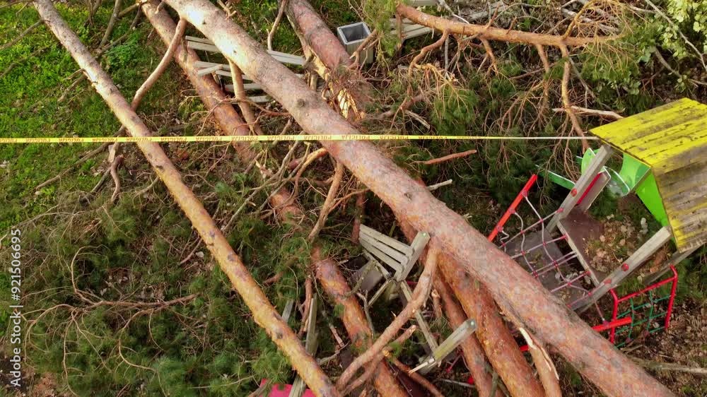 Poster storm aftermath in a local park with fallen trees on playground, view from above
