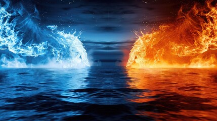 A stunning visual of water and fire elements clashing over a serene sea, representing duality and contrasting forces in nature and balance.