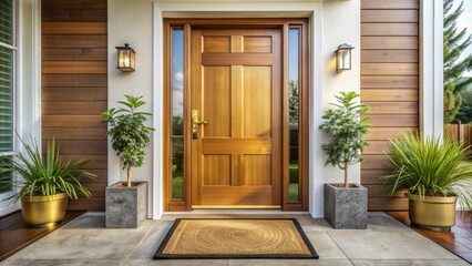 A newly installed wooden door with shiny brass hardware and a welcome mat, set against a bright and airy modern home's exterior facade.