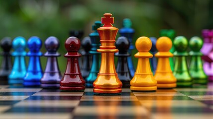 A vibrant chessboard with colorful chess pieces arranged in a strategic formation, showcasing a mix of bright and vivid colors.