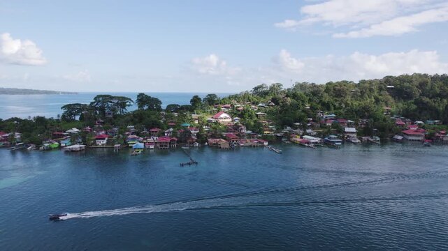 Transport by speedboat from the Island Bastimentos in Panama, exotic tourist destination, aerial