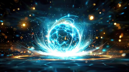 Obraz premium Futuristic digital energy sphere with glowing blue and orange light effects, representing technology and innovation in a mystical setting.