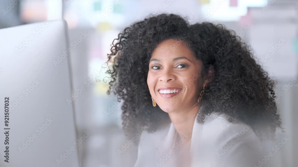 Aufkleber female entrepreneur smiling and looking happy while sitting at her computer and feeling confident ab
