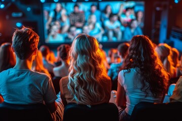 Group of Young Adults Enjoying a Movie Together in a Cozy Theater During Evening Hours