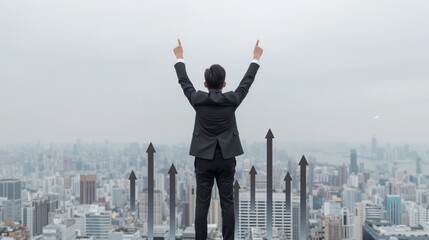 Visionary Businessman Analyzing Sustainable Economic Growth on Rooftop Overlooking EV-Filled City with Financial Document in Hand - 32K High Resolution Sharp Image, Generative Ai