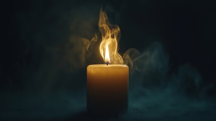 Single lit candle surrounded by swirling smoke in a dark atmosphere symbolizing warmth, contemplation, and solitude