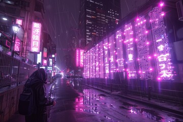 Obraz premium Exploring A Neon-Lit Street Under Rainy Skies In A Bustling Urban Area