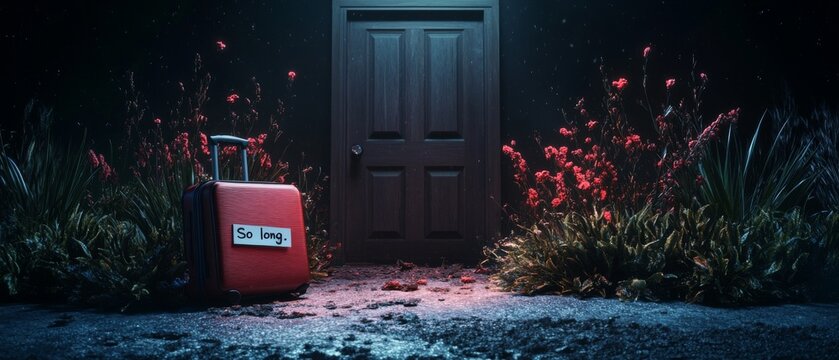 Red suitcase with so long label placed in front of closed door surrounded by dark flowers symbolizing departure, farewell, and a bittersweet goodbye