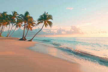 Fototapeta premium Serene beach scene with palm trees and a gentle breeze, Nature, Calm