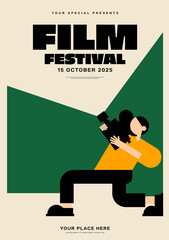 Cameraman holding vintage film camera. Movie and film festival poster template design background.