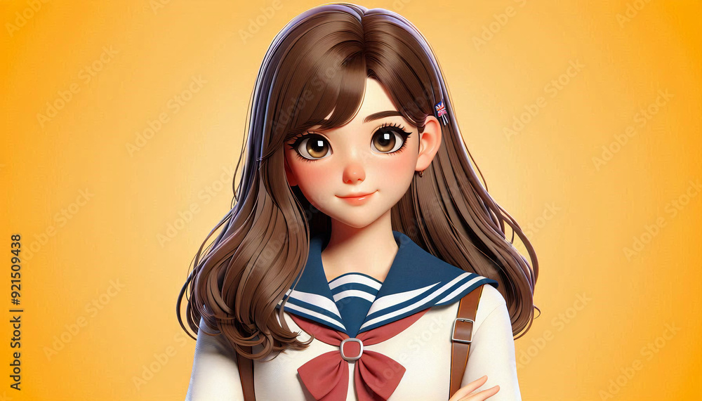 Wall mural student with backpack wearing uniform, 3D rendered, cartoon style