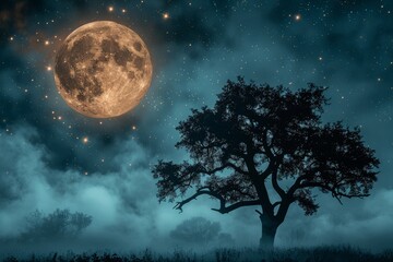 Majestic Full Moon Illuminating A Serene Night Sky Over A Gnarled Tree