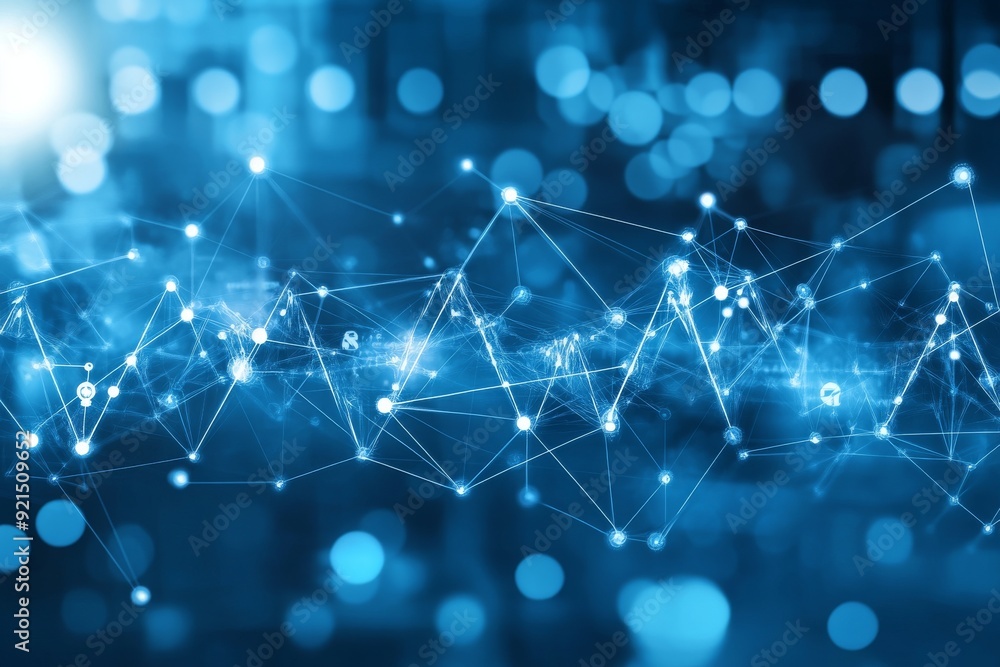 Poster dynamic network visualization with blue neon pills emphasizing connected health technologies