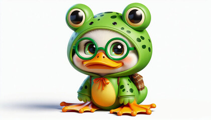 Fototapeta premium little duck wearing frog costume, 3D rendered, cartoon style