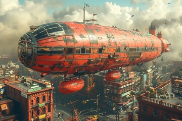 Large Retro Airship Floating Over a Bustling Steampunk Cityscape at Dusk