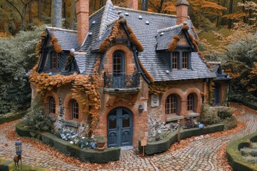 Charming Brick Cottage Surrounded by Autumn Leaves in a Serene Forest