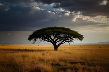 The only acacia tree, contrast of colors in the serengeti savann Generative AI