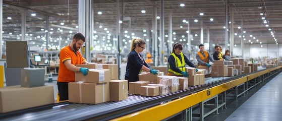 Diverse team of warehouse workers sorting packages on a conveyor belt