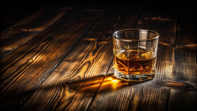 A solitary, amber-filled whisky glass sits on a dark, grainy wooden table, surrounded by faint shadows, evoking a sense of sophisticated, late-night contemplation.