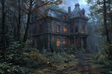 Obraz premium Mysterious Abandoned Mansion Surrounded by Overgrown Forest in Early Evening Fog