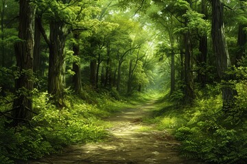 Lush Green Forest Path With Sunlight Filtering Through Trees in Early Morning