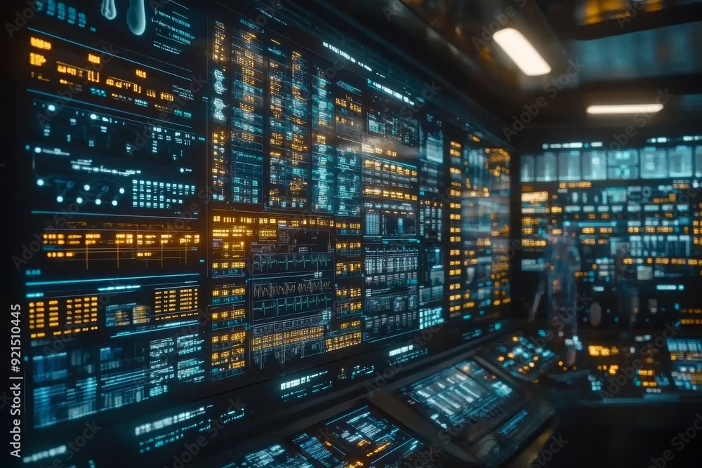 Poster futuristic data center with glowing servers highlighting technological advances in data storage and 