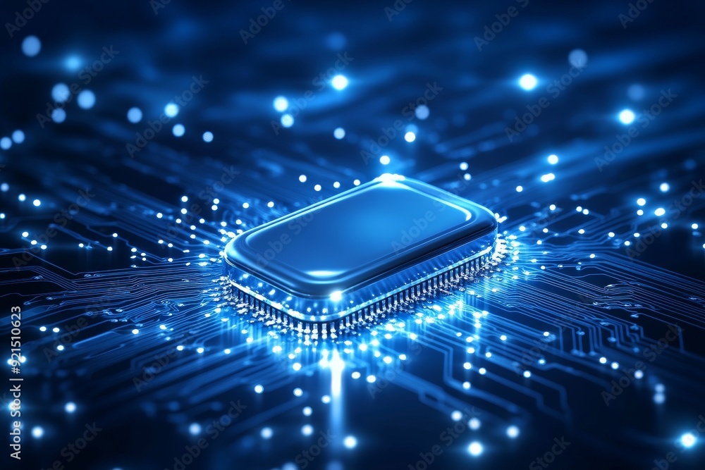 Poster futuristic blue chip on a digital background representing the integration of ai in technology
